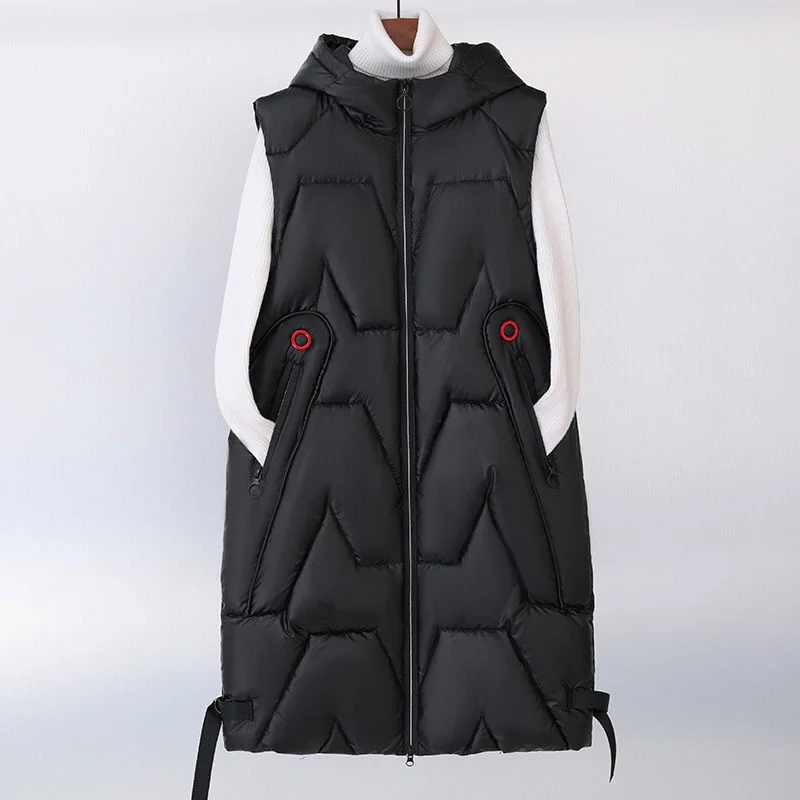 

2023 Autumn Winter Female New Glossy Down Cotton Vest Women Middle School Medium-Length Coat Waistcoat Hooded Cotton Vest Jacket