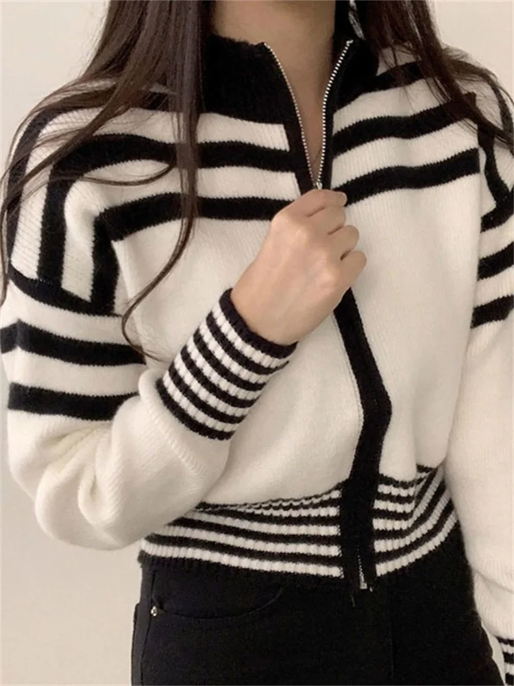 

Striped Sweater Cardigans Women Korean Fashion Knitted Sweaters Female Vintage Contrast Color Short Zipper Knitwear Tops Ladies