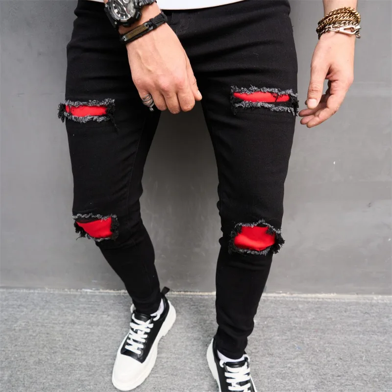 American-Fashion-Black-Red-Patchwork-Men-s-Jeans-High-Street-Korean ...