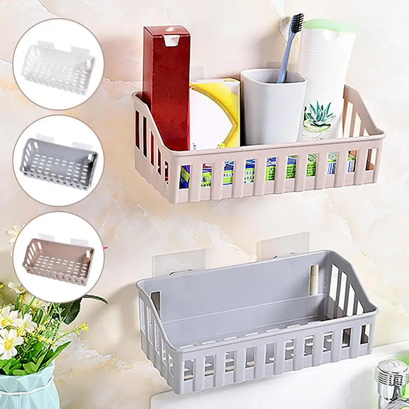 

Bathroom Basket Adhesive Punching Free Wall Hanging Storage Drainer Shelf Potable Shampoo Shower Gel Storage Basket Organizer