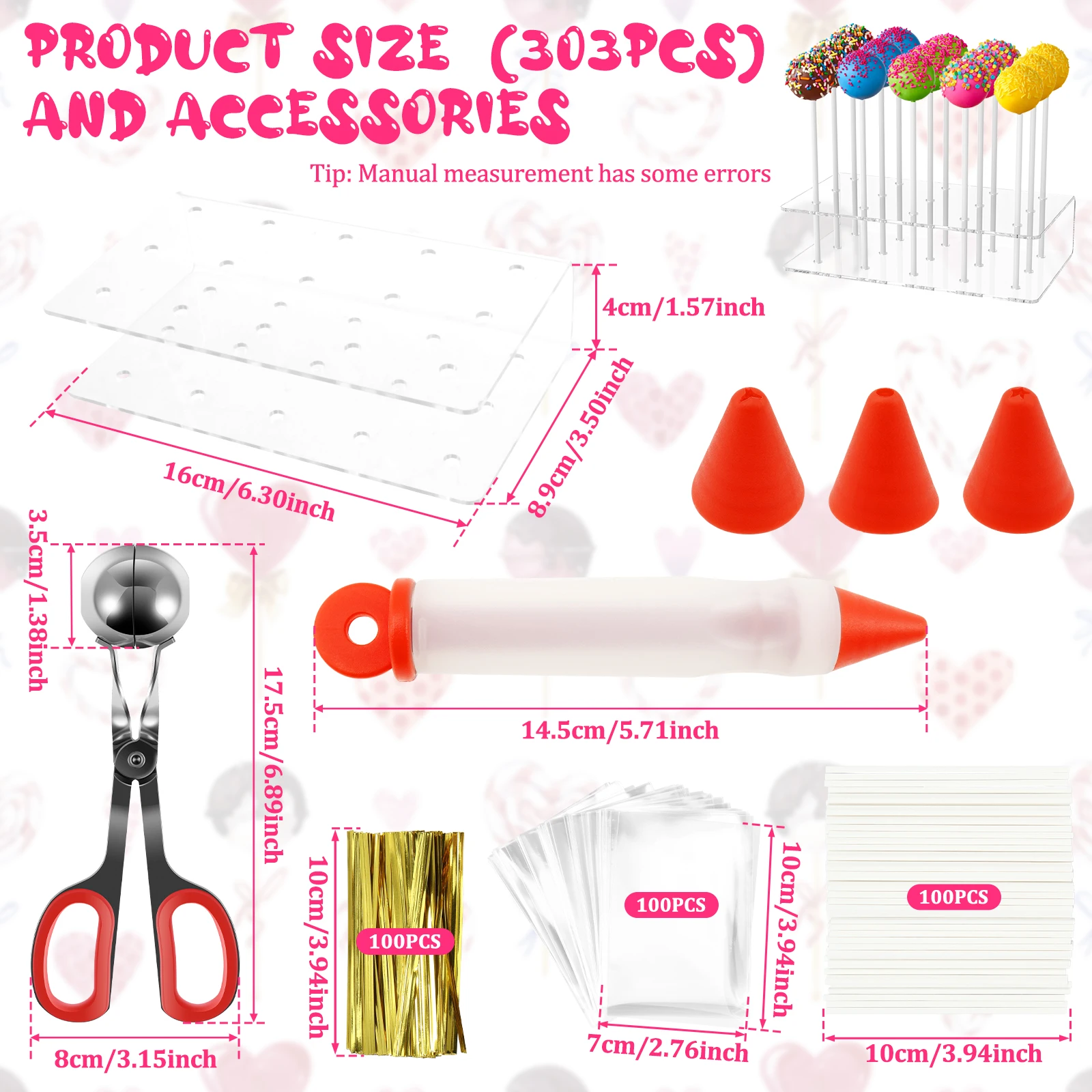 303Pcs Cake Pop Kit Reusable Cake Pop Mold Set Fun Maker Kit with Lollipop Stand Meat Baller Decorating Pen for Kids