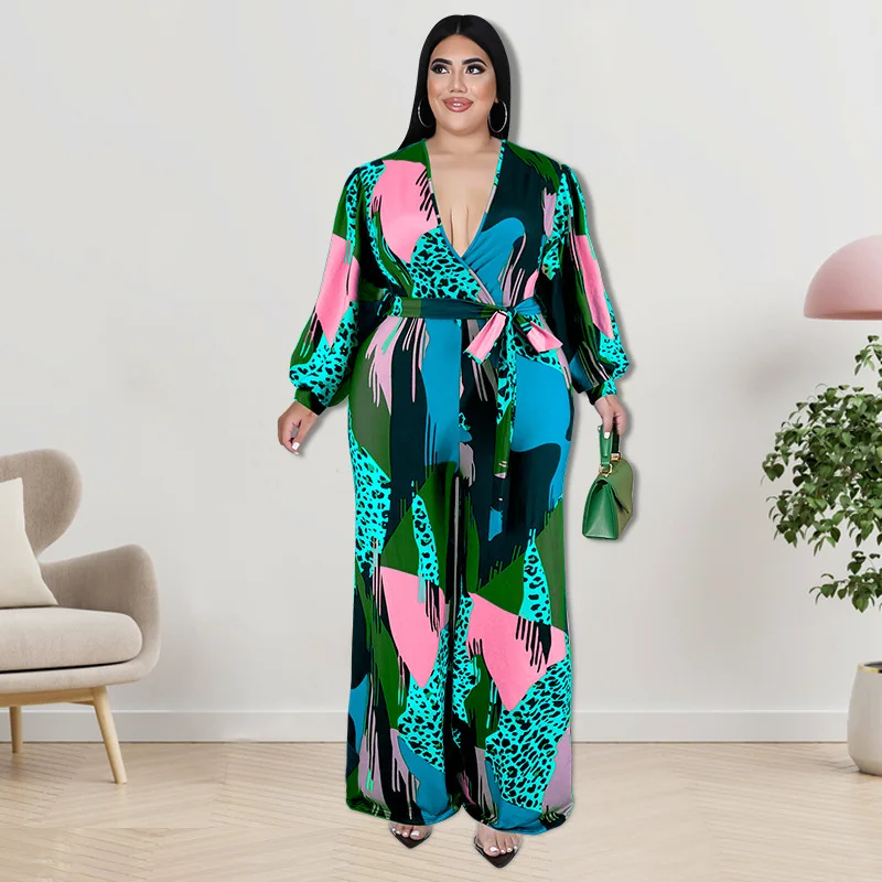 

WUHE Women Plus Size Jumpsuit Print Long Sleeve V-neck Bandage Sashes Straight Jumpsuits 2023 Spring Street One Piece Overalls