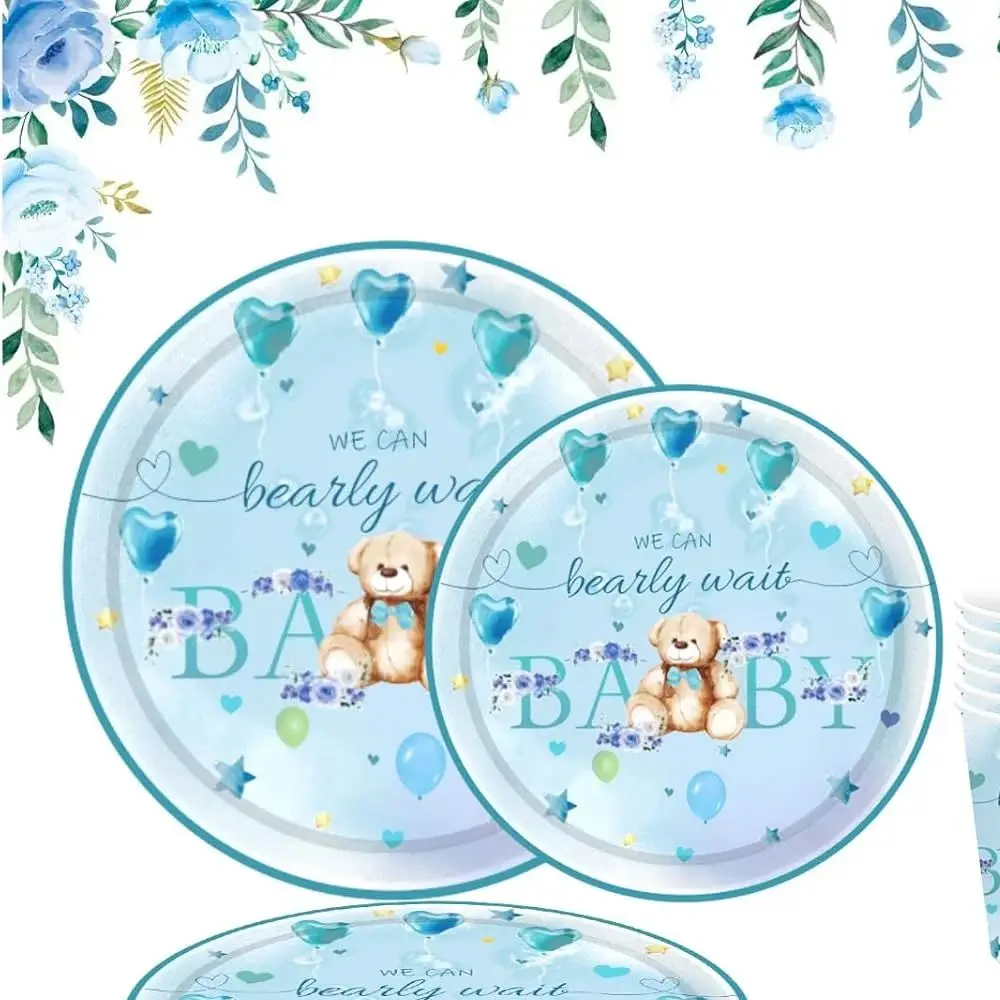 Plush Bear Birthday Decoration Party Tableware Set for 20 Guests 81 Pieces of Plush Bear Birthday Party Tableware Paper Plates