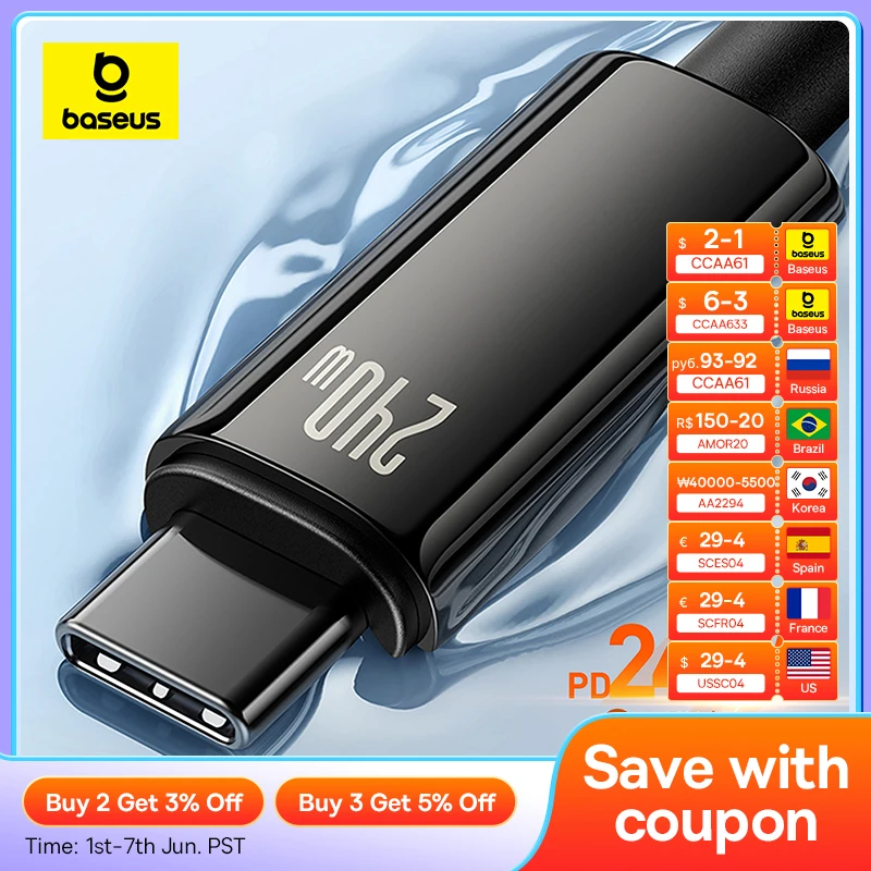 Кабель Baseus 240 Вт USB C для iPhone 15 PD3.1, суперзарядка для Macbook ПК Realme 5A, быстрое зарядное устройство, кабель Type C для xiaomi Oneplus