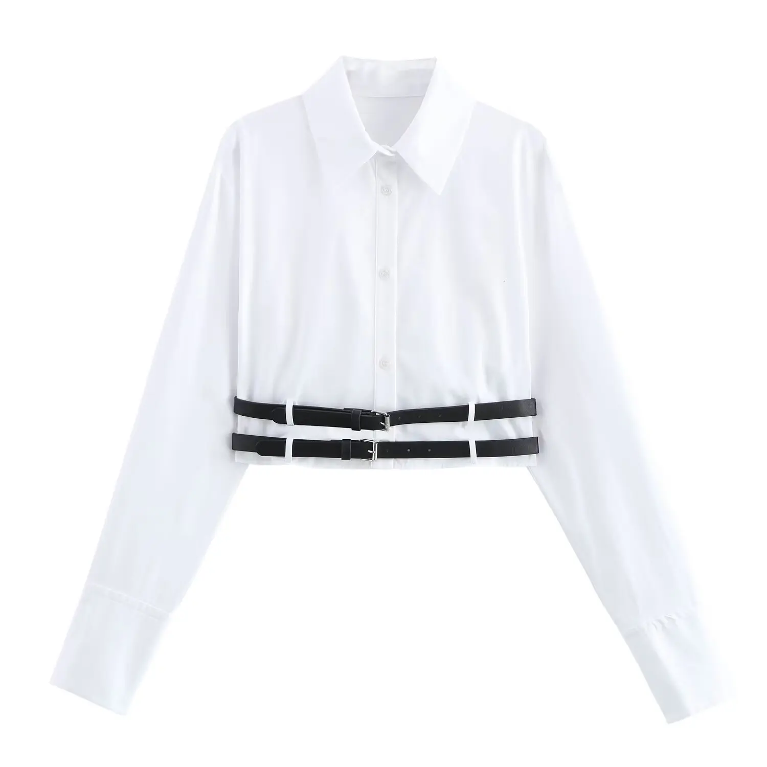thumbnail image 1 of HH TRAF Blusa corta con cuello vuelto y doble cinturón decorativo para mujer, blusa blanca versátil de manga larga para mujer, 1 of 4