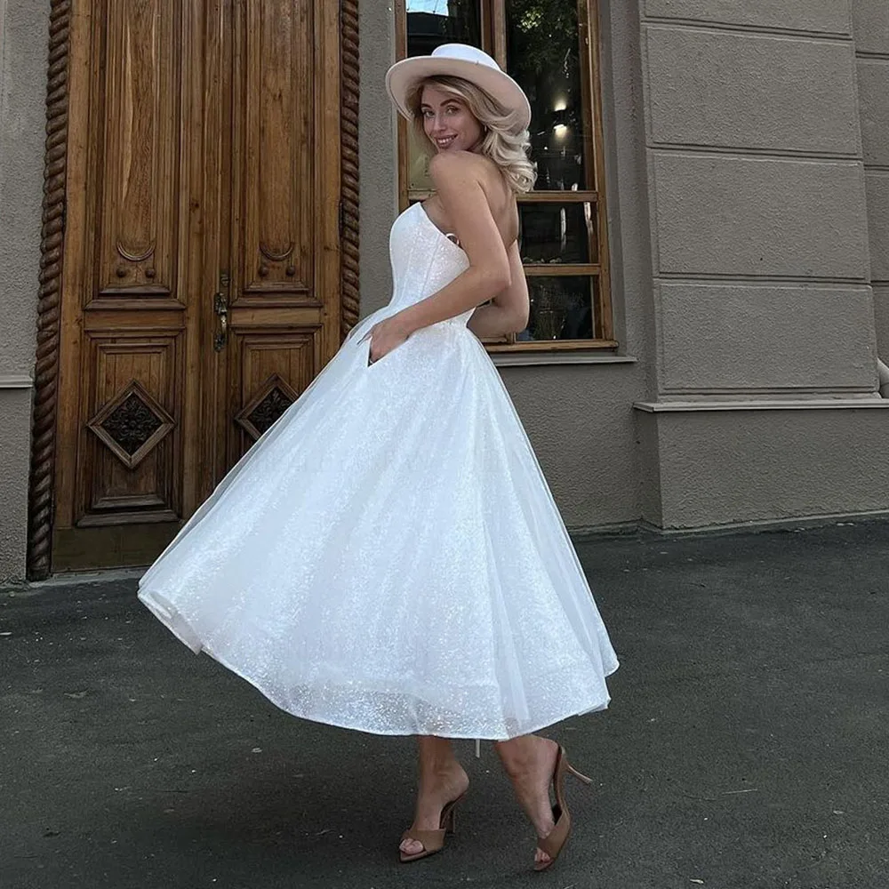 Glitter Ivory Wedding Dresses With Pockets Tea-Length Tulle Bride Dress Strapless Slit Sexy Dress For Women 2023 Robe De Mariee 3