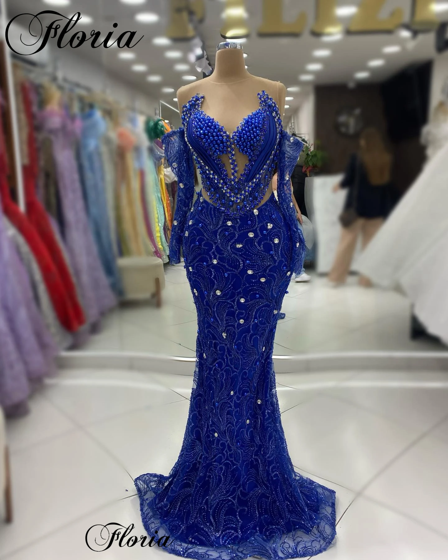 Royal Blue Sheer Neck Cocktail Dresses Mermaid Off Shoulder Birthday Dresses With Pearls Vestidos Femenino Engagement