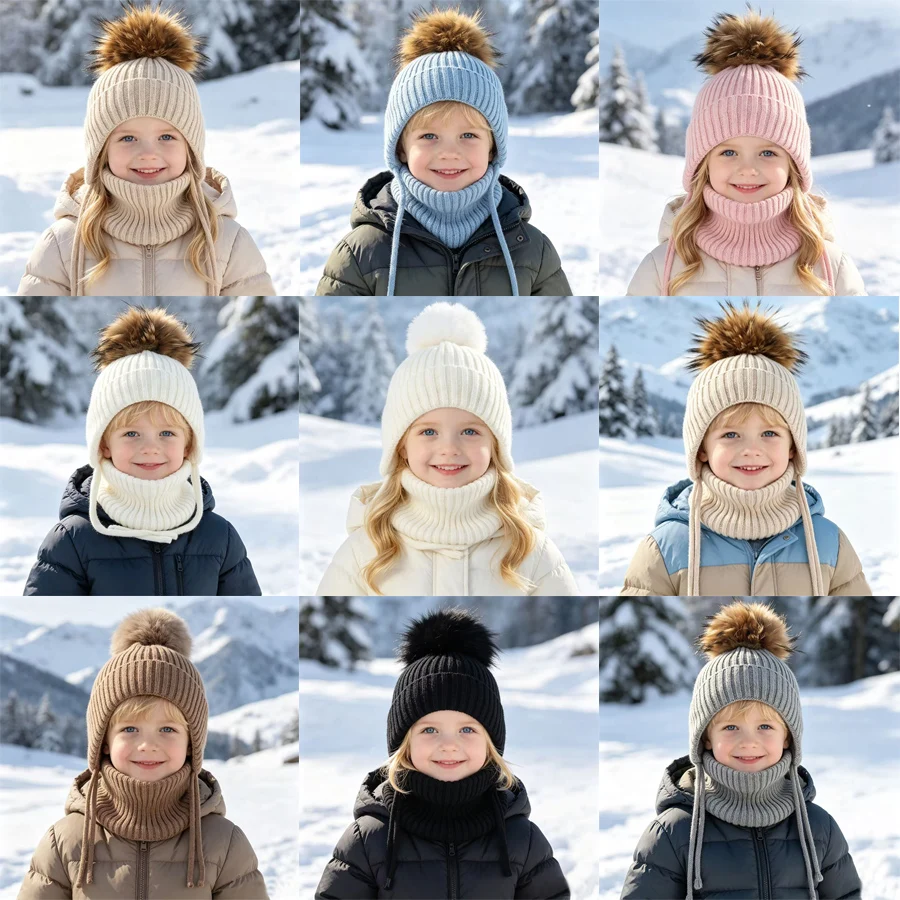 Baby Hut Hals Set Echt Waschbären Pelz Pompom Kinder Mädchen Junge Winter Warme Fleece futter Wolle Gestrickte Mützen Kinder Kappe Im Freien