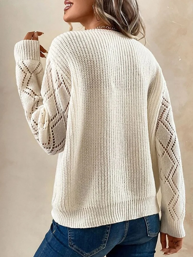 Autumn Winter Women\'s Sweater Fashion Knitted Long Sleeve Tops White Lace V-neck Pullovers Casual New In Knitwears 2024