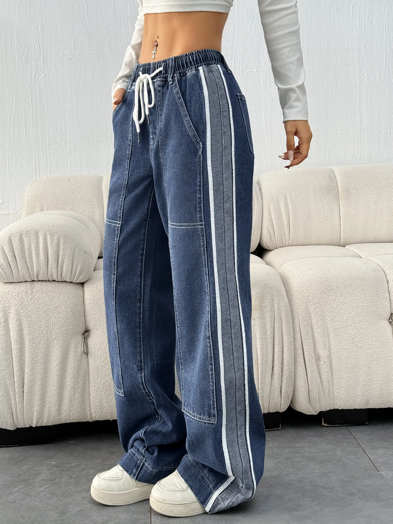 Jean coupe ample de Style décontracté pour femmes, avec cordon de serrage à la taille et poches inclinées, Denim Patchwork bloc de couleur, lavable en Machine