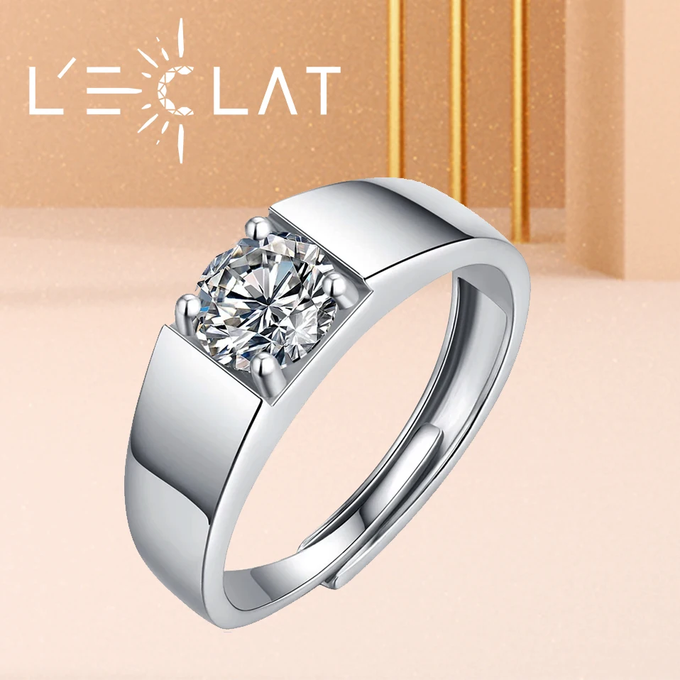 LECLAT 1 Carat Moissanite Diamond Rings For Men Original 925 Sterling Silver Luxury Men's Diamond Resizable Finger Rings