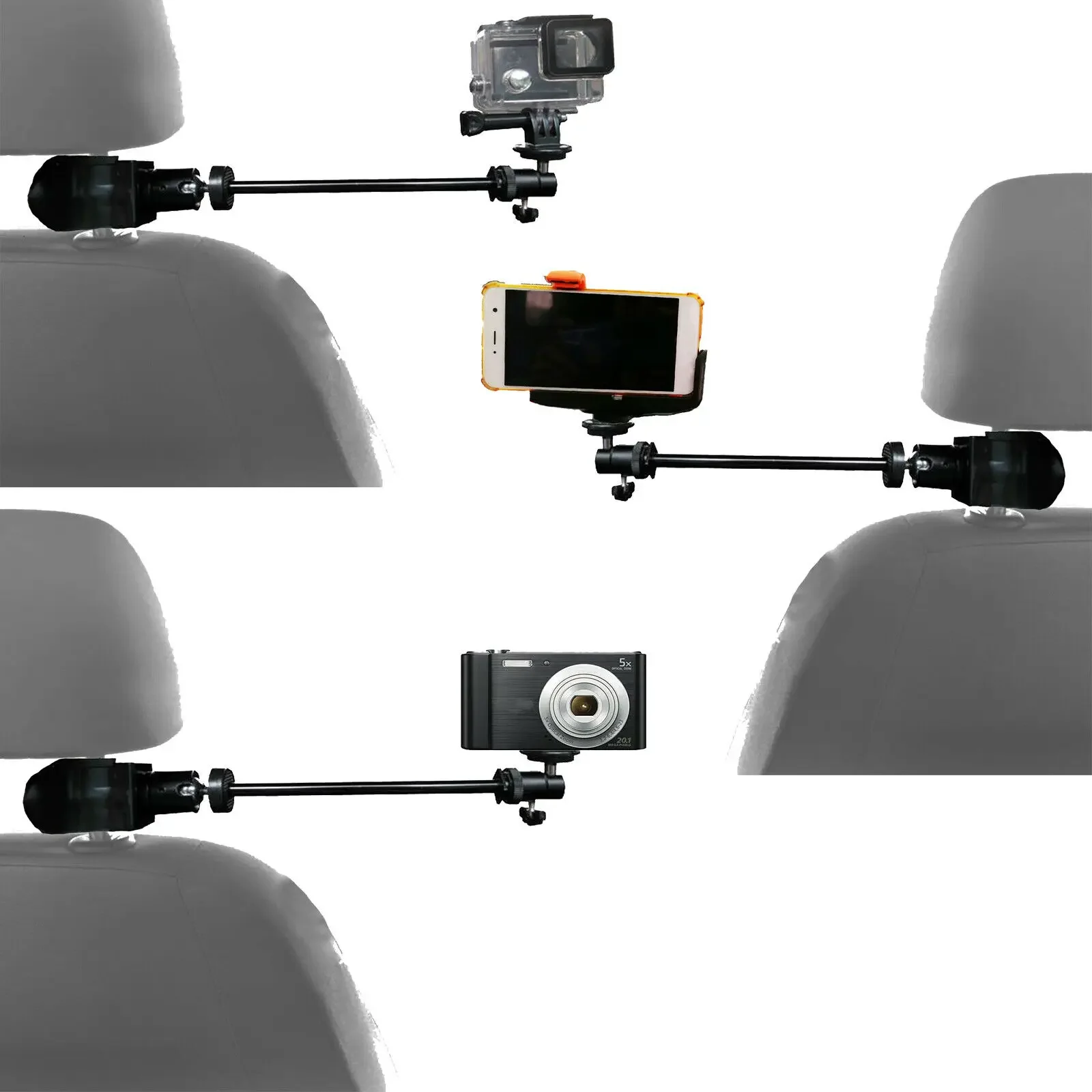 

Car Headrest Mount for Video Camera, for GoPro Action DSLR Camcorders and DSLR Camcorders Smart Phones
