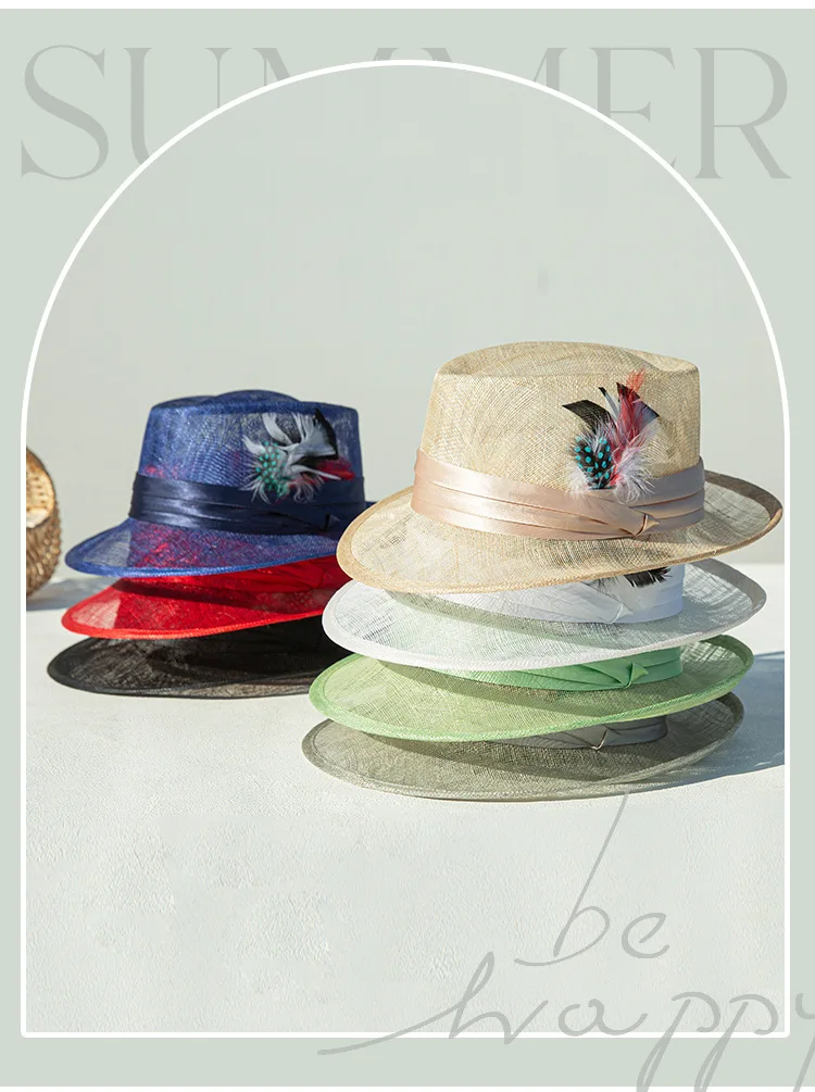 New Spring and Summer Linen Hat Fedoras Feather Decoration British Style  Fashion Joker Solid Color Breathable Sun Hat Wholesale