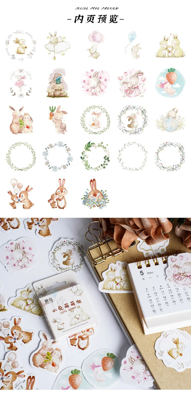 46Pcs Kawaii Rabbit Sketchbook Stickers Set Aesthetic Diary Decorations for Children Scrapbooking School Stationery Supplies Box