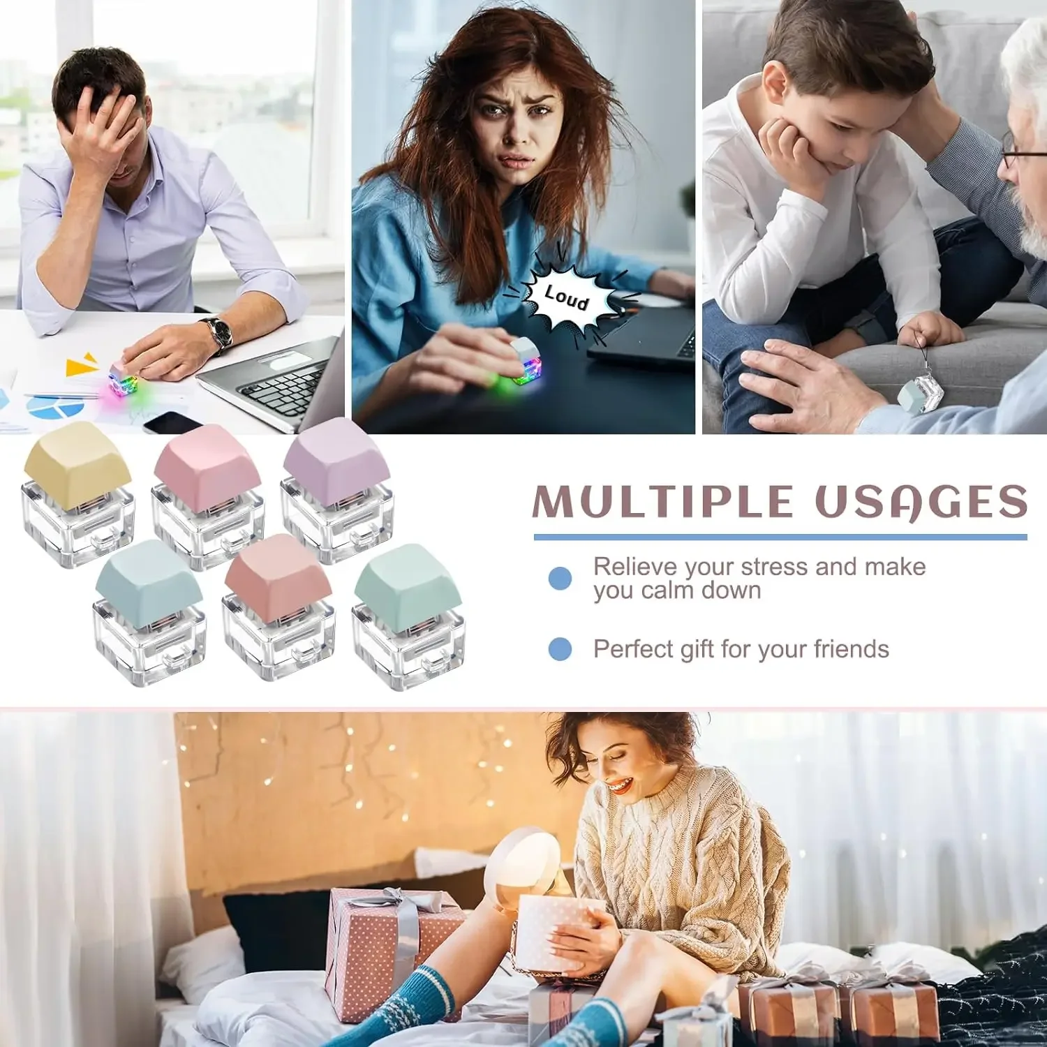 LED 키보드 열쇠 고리 장난감 스트레스 릴리프 DIY Fidget 버튼 Keycap Fidget 키 체인 키보드 열쇠 고리 손가락 키보드 모자 장난감