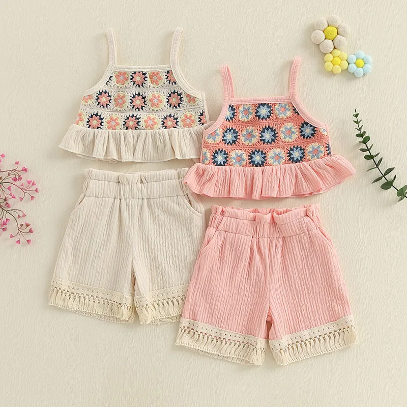 Description Picture 3 of itemSummer Infant Baby Girl Floral 2 Pcs Clothing Set Fashion Toddler Ruffled Trim Sleeveless Tank Tops and Tassel Shorts Clothes
