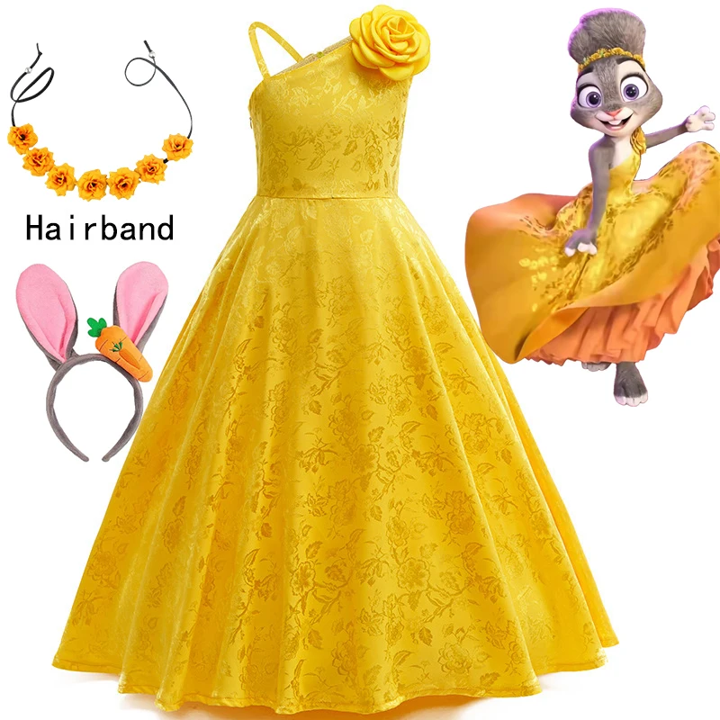 Hasen-Offizier Judy Cosplay Disney Zootopia Gelbes Kleid Kopfschmuck Halloween-Kostüm Blumenkleid Karneval-Partykleid