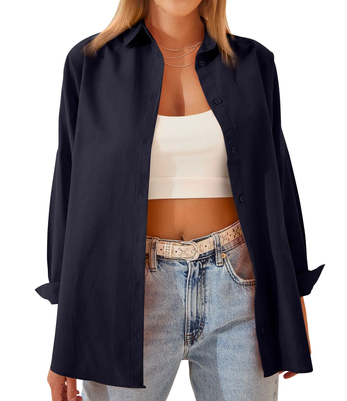 Womens Clothing V-neck Solid Button Long Sleeve Casual Blouse