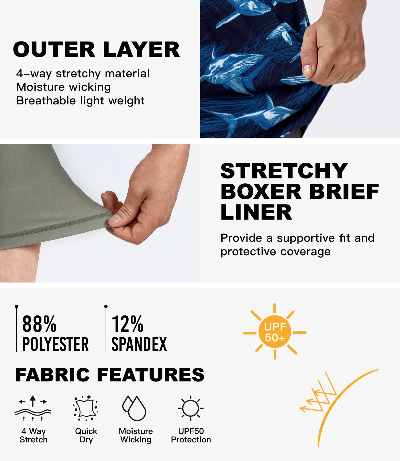 SURFCUZ Mens Swim Trunks with Compression Liner Stretch 2 in 1 Running Sport Gym Shorts Quick Dry Swim Beach Shorts with Pockets