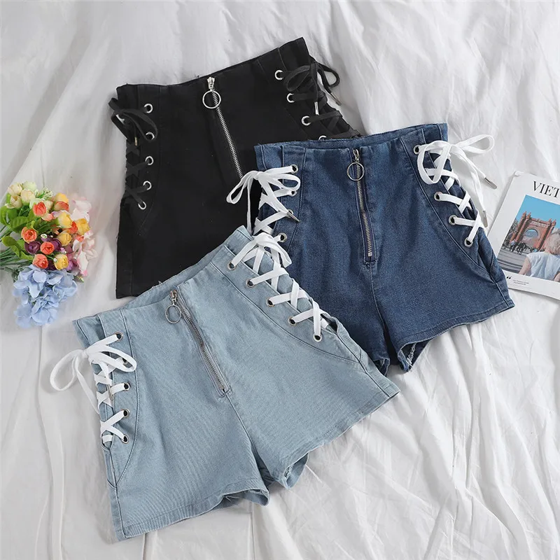 Tie High Waist Denim Shorts Spring Summer Women Jeans Shorts Female Casual Black Shorts Student All Match Loose Hot Shorts Blue