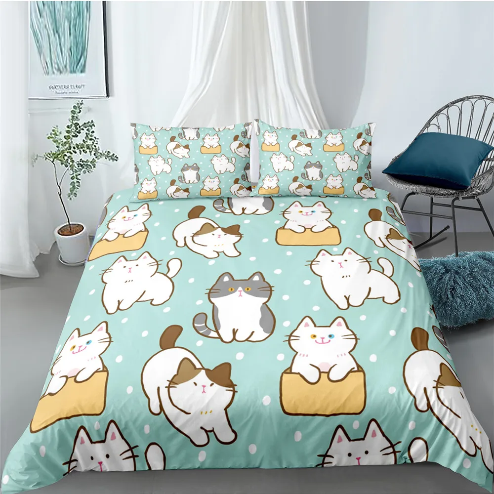 

Cartoon Cat Duvet Cover Set For Kids Girl Microfiber Kitten 2/3pcs Cartoon Animal Bedding Set Single Twin Queen King Quilt Cover