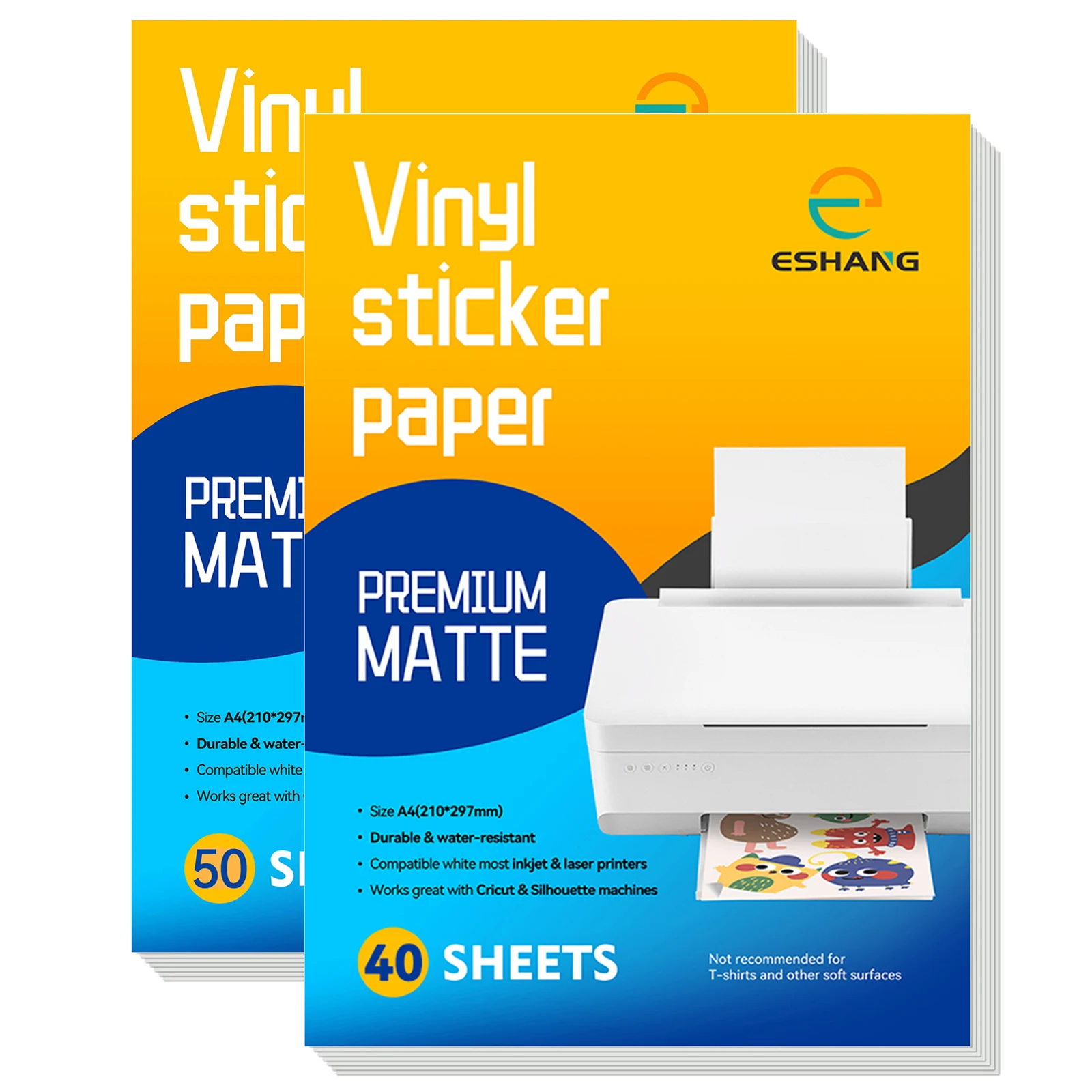 ESHANG 40/50 Sheets A4 Matte Vinyl Sticker Paper 21x29.7cm Self-Adhesive Sheets for Inkjet Printer 8.3x11.7 Dries Quickly