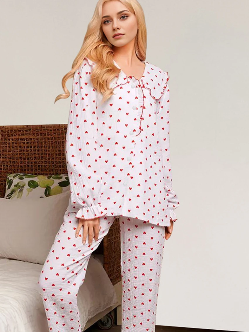 

Marthaqiqi Printing Female Sleepwear Suit Peter Pan Collar Pajamas Long Sleeve Nightwear Pants Causal Women Nightie 2 Piece Set