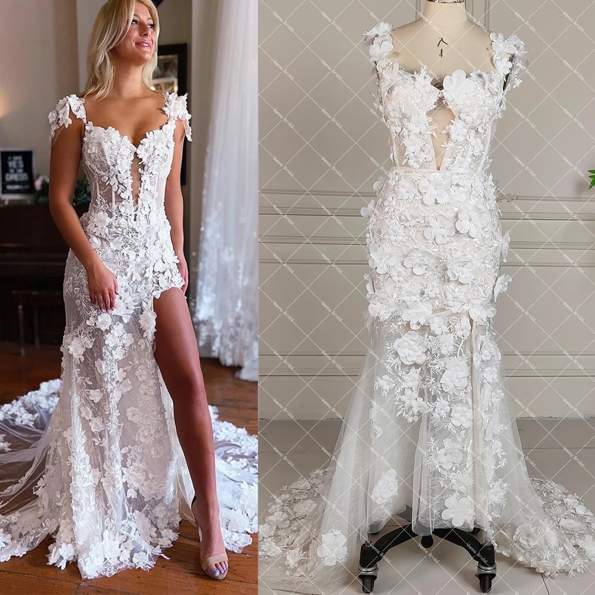 Customized 3D Embroidered Flowers Off Shoulder Wedding Dress High Split  Sweetheart Low Cut Column Modern Backless Bridal Gowns - AliExpress 320