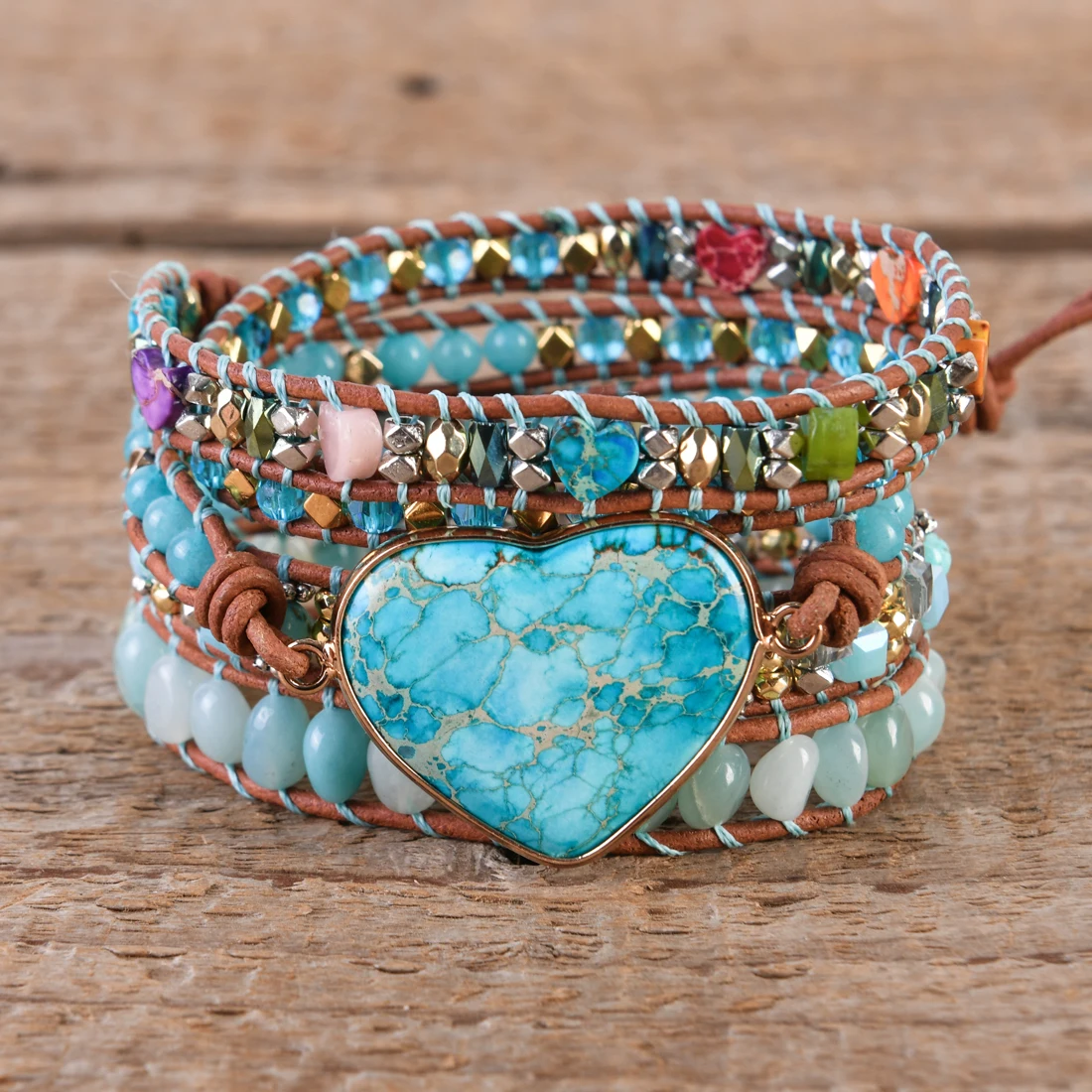 

Classic Heart Shape Leather Wrap Bracelets W/ Mix Stone Jaspers Beads Strand Bracelet Classic Jewelry Bijoux Dropship
