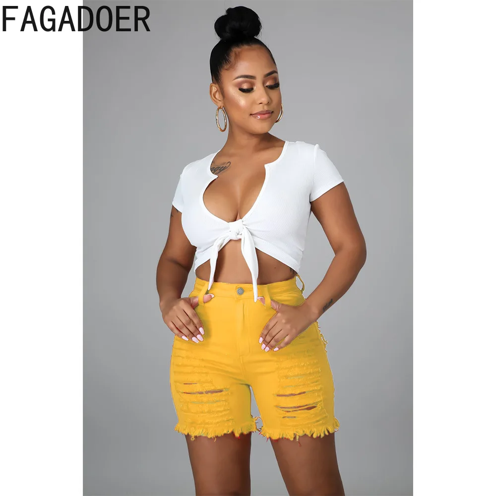 FAGADOER Fashion Denim Hollow Out Skinny Shorts Women High Waist Button Pocket Elasticity Shorts Casual Female Matching Bottoms