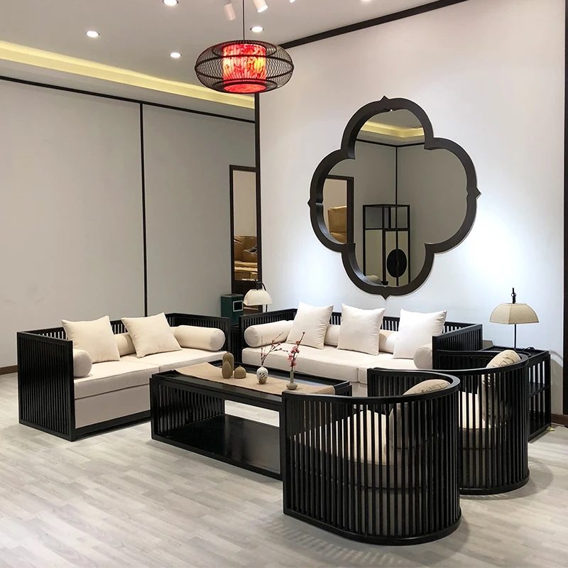 

New Chinese sofa Modern simple solid Wood cloth combination living Room Model Room Classical Zen Furniture