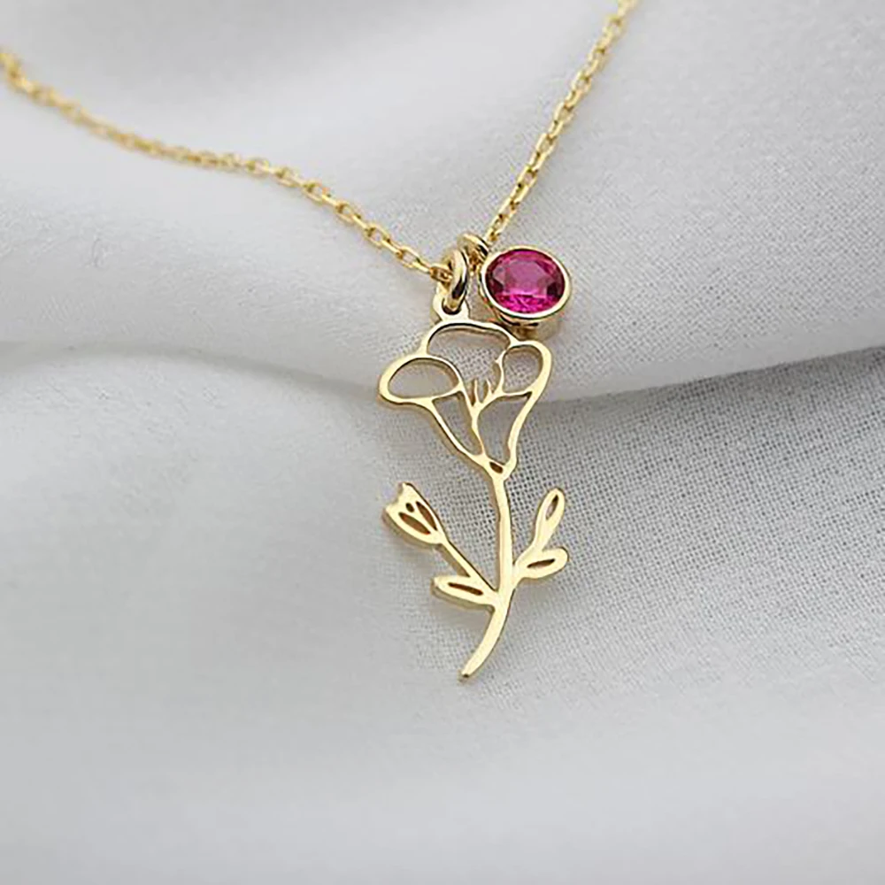 

Custom Necklace for Women 12 Month Flower Birthstone New Personalized Stainless Steel Gold Girls Charm Jewelry Mom Birthday Gift