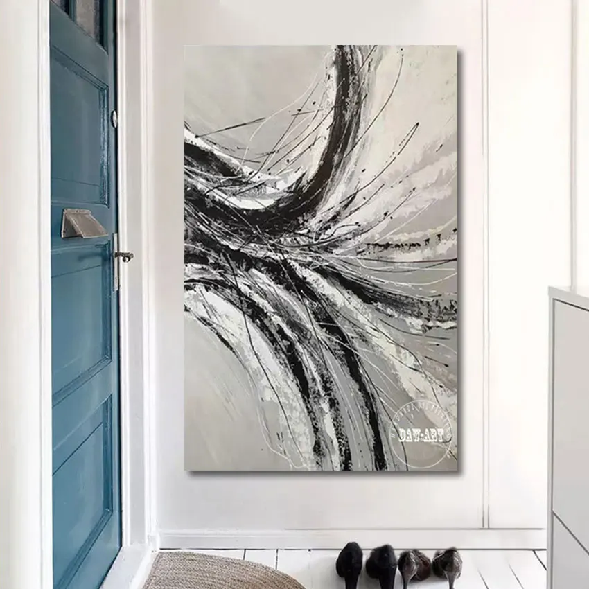 

House Corridor Decoration Picture Wall Art Modern Canvas Painting Abstract Thick Acrylic Black White Line Artwork Unframed