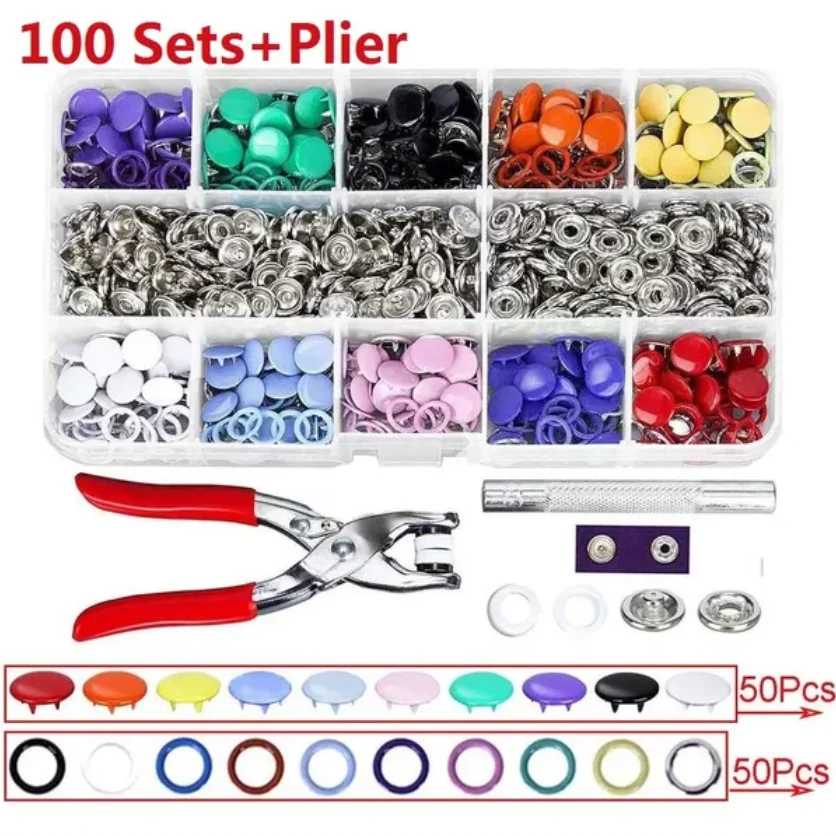 Snap Button Plier Tool 100/200 Set 10Color Metal DIY Hand Pressure Studs Fasteners Kit Installing Clothes Bag Sewing Accessories 3