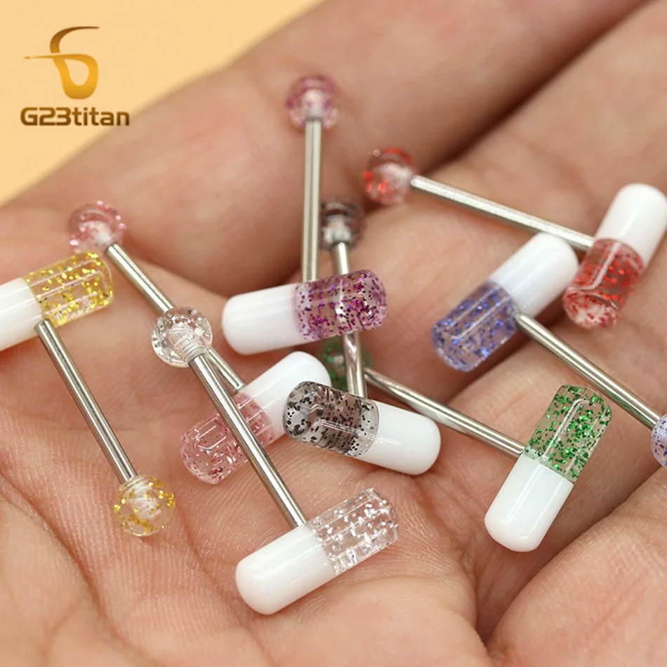 G23titan Colorful Capsule Piercing Acrylic Ball 14G Surgical Titanium or Steel Barbell Tongue Ring Women Men Body Sexy Jewelry