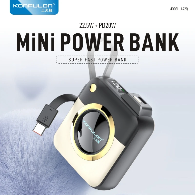 Mini Power Bank Portatile Konfulon 10000Mah 22.5W Con Cavo Integrato Batteria Ausiliaria A Ricarica Rapida Per Iphone Samsung Xiaomi