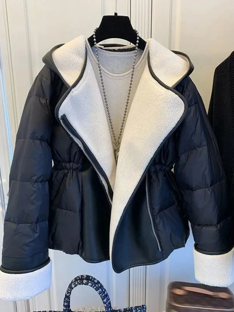 

Fitaylor New Winter Hooded Short Down Jacket Women Faux Lamb Leather Patchwork White Duck Down Coat Lady Thick Warm Outwear