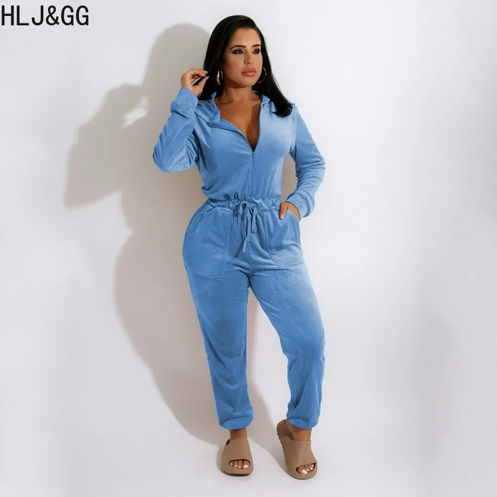 HLJ&GG Winter Casual Velvet Drawstring Jumpsuits Women Hooded Zipper Long Sleeve Sporty Playsuits Female Jogger Pants Overalls