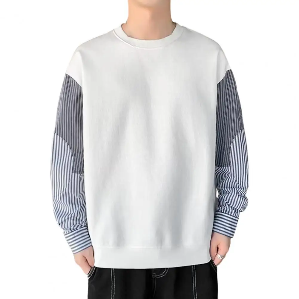 

Men Sweatshirt Round Neck Loose Long Sleeve Striped Patchwork Spring Top Handsome Clothes