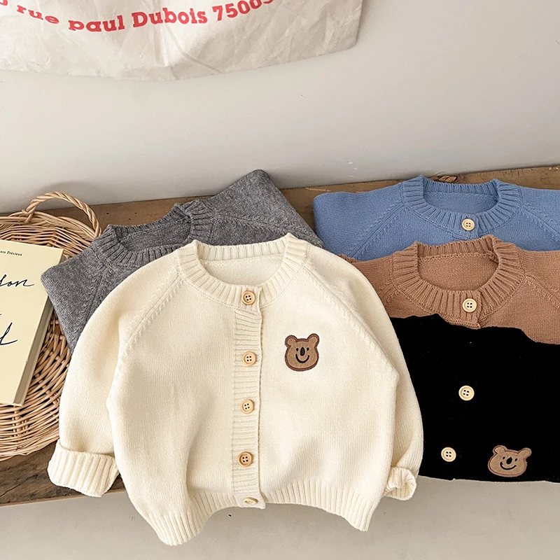 Spring And Autumn Newborn Baby Girls And Boys Sweater Cotton Coat Cartoon Bear Long-sleeved Knitted Korean Fashion Soft Casual