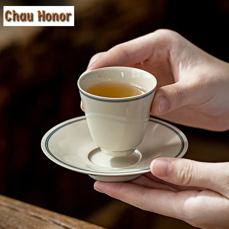 2pc/Set Retro Plant Grey Glaze Ceramic Tea Cup Pad Creative Coaster Kung Fu Tea Cup Holder Thermal Insulation Plate Tea Ceremony