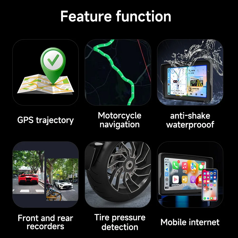 JIUYIN 2K 5 inch Recorder Motorcycle Multimedia GPS Navigation Wireless CarPlay Android Auto IP67 Waterproof Screen Bluetooth