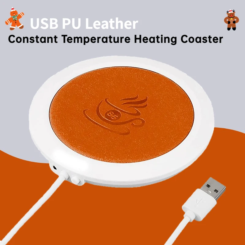 USB Cup Heater Coffee Mug Warmer PU Leather Heating Warm Mat Office Constant Temperature Coaster for Christmas Birthday Gifts