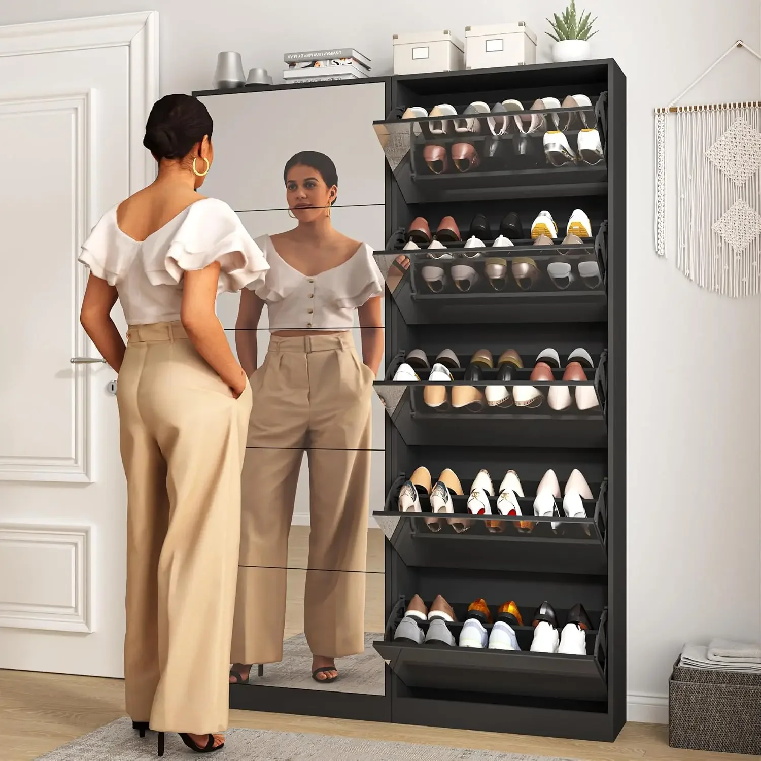 Shoe Storage Cabinet with Full Length Mirror, 30 Pairs & 5 Flip Drawer, Free Standing Shoe Rack Cabinet, Narrow Shoes Organizer