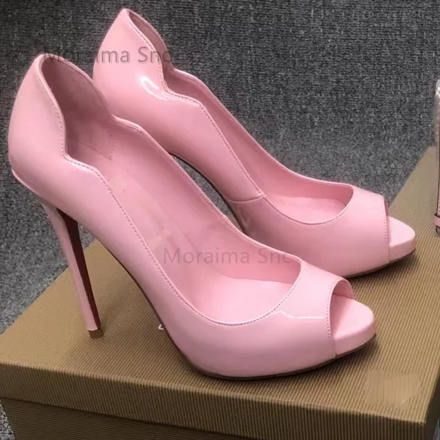 Women Sandals Pink Yellow Patent Leather Peep Toe Sandals for Women Stiletto High Heels Girls Party Slip On Pumps