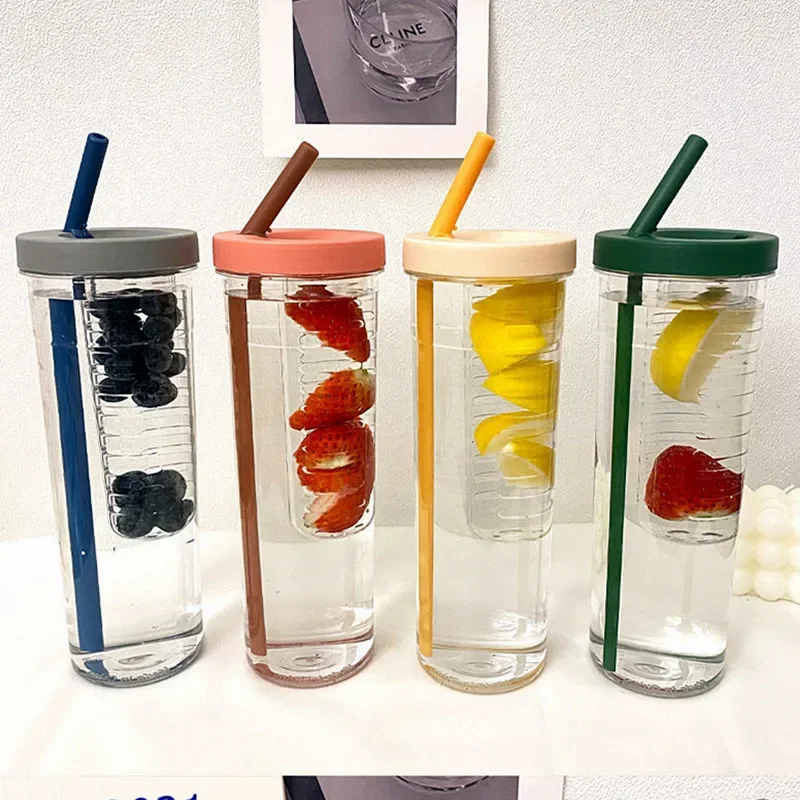 Portable Transparent Water Bottle with Straw and Fruit Infuser