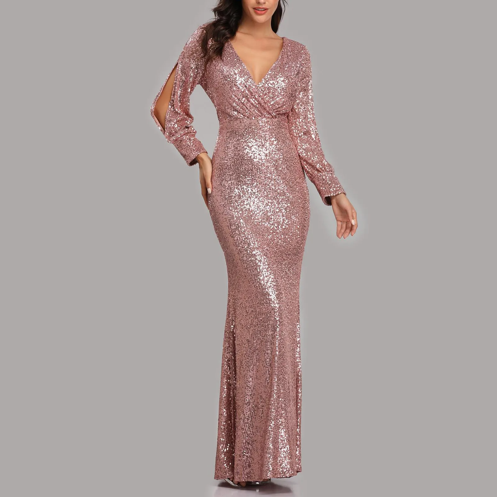 

Long Sleeve Sequin Maxi Dress Floor Length Sparkles Stretch V Neck Dresses Mermaid Formal Evening Night Party Gown Sundress