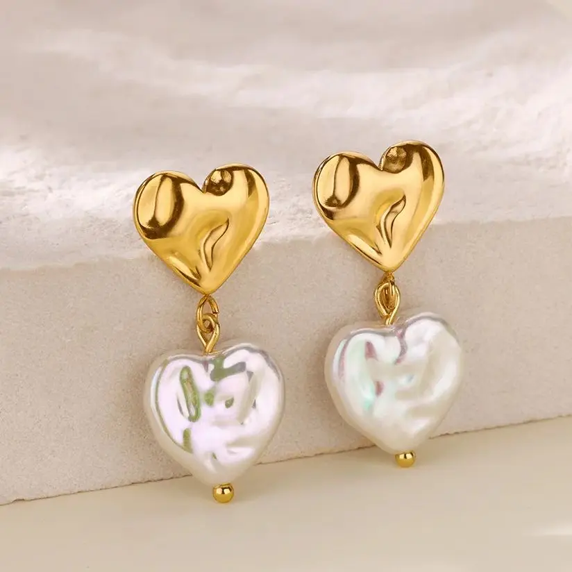 Stainless Steel Heart Pearl Drop Earrings for Women