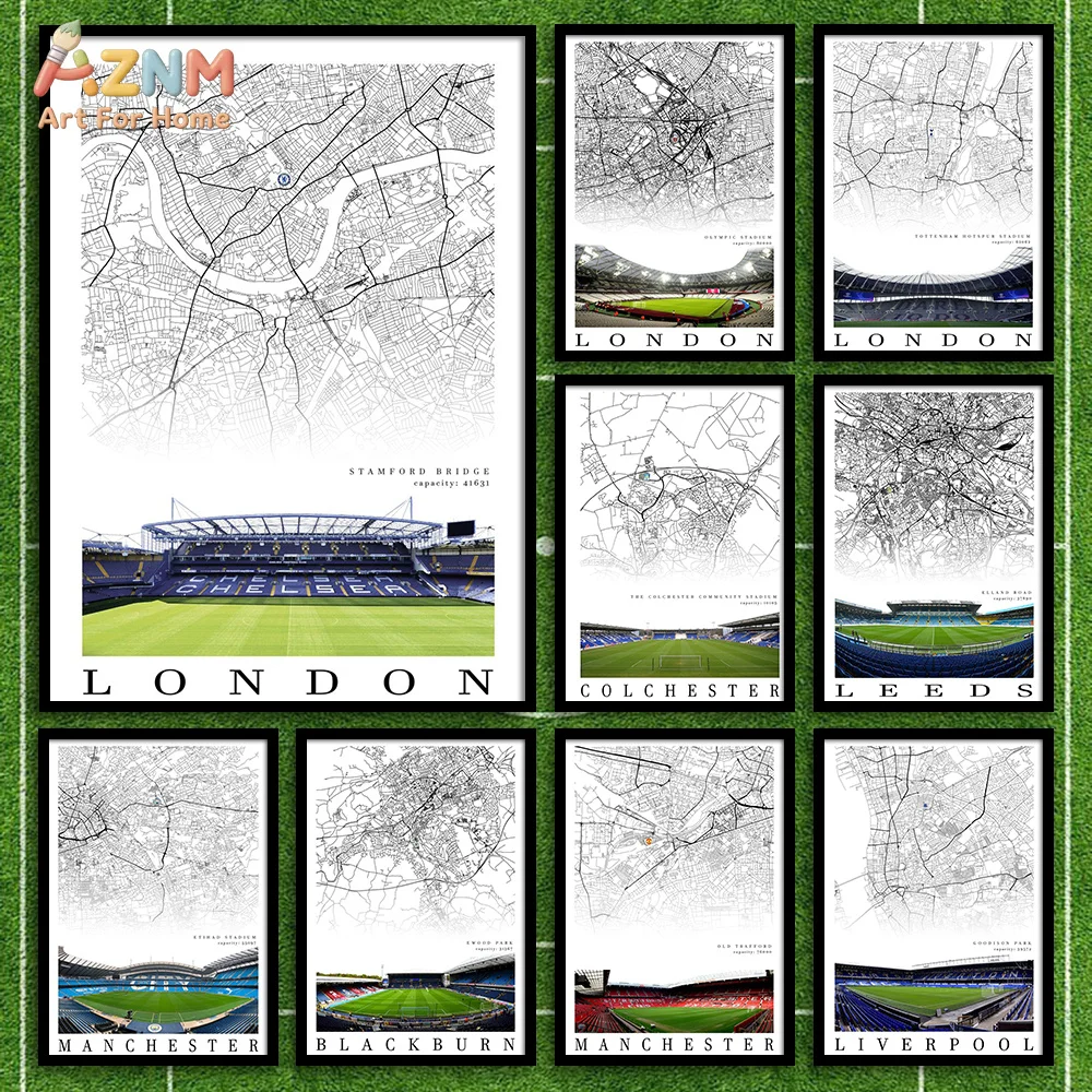 UK Football Stadium City Map Canvas Wall Art - Black and White Soccer Fan Home Decor (Unframed)