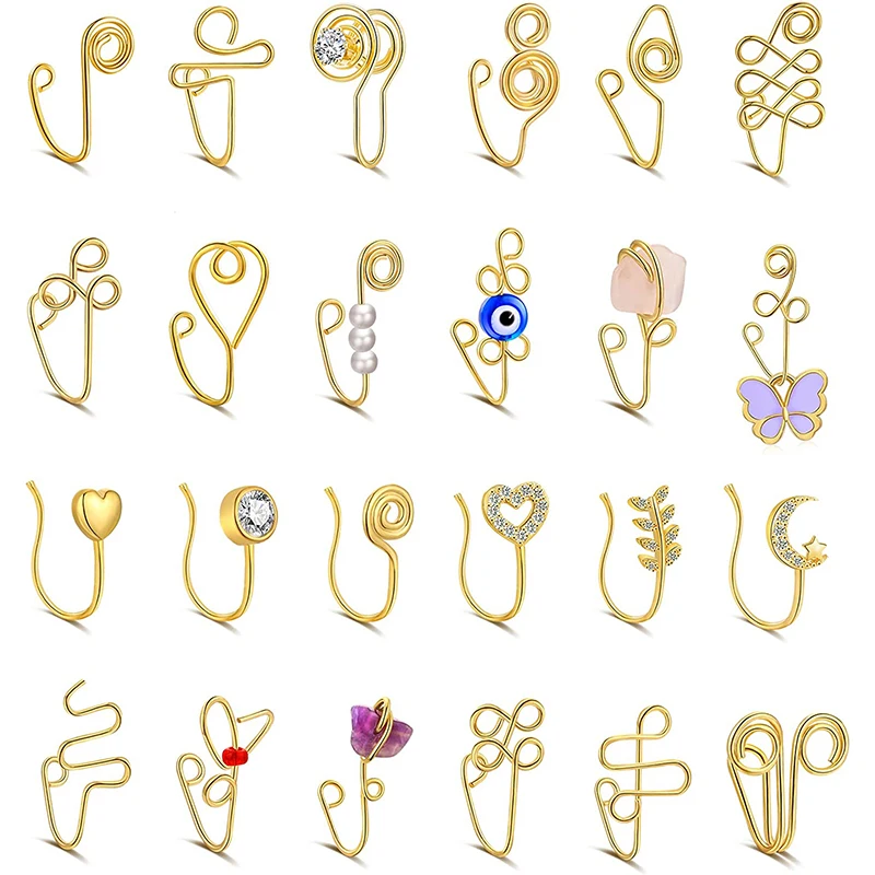 24PCS African Nose Cuffs for Women Multi-Style Faux Fake Nose Ring Non Piercing for Teen Girls Small Clip on Nose Ring Set
